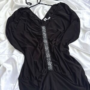 Studio Y Womens Black Halter Top Sequin Beaded V-Neck Dolman Sleeve Blouse M